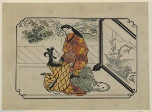 हाथ से रंगीन ukiyo-e प्रिंट दो प्रेमियों ने एक चित्रित स्क्रीन के सामने गले लगाया